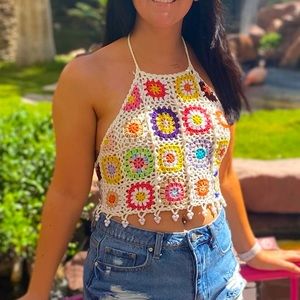 Crochet Halter Top Size Small Colorful Flowers Pearls